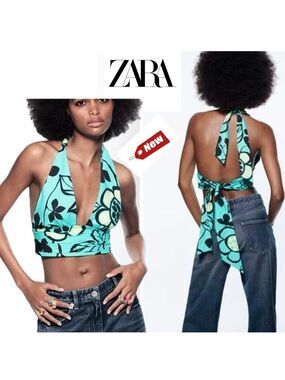 Zara turquoise blue Daisy flower open tie back halter crop top Sz S NWT festival